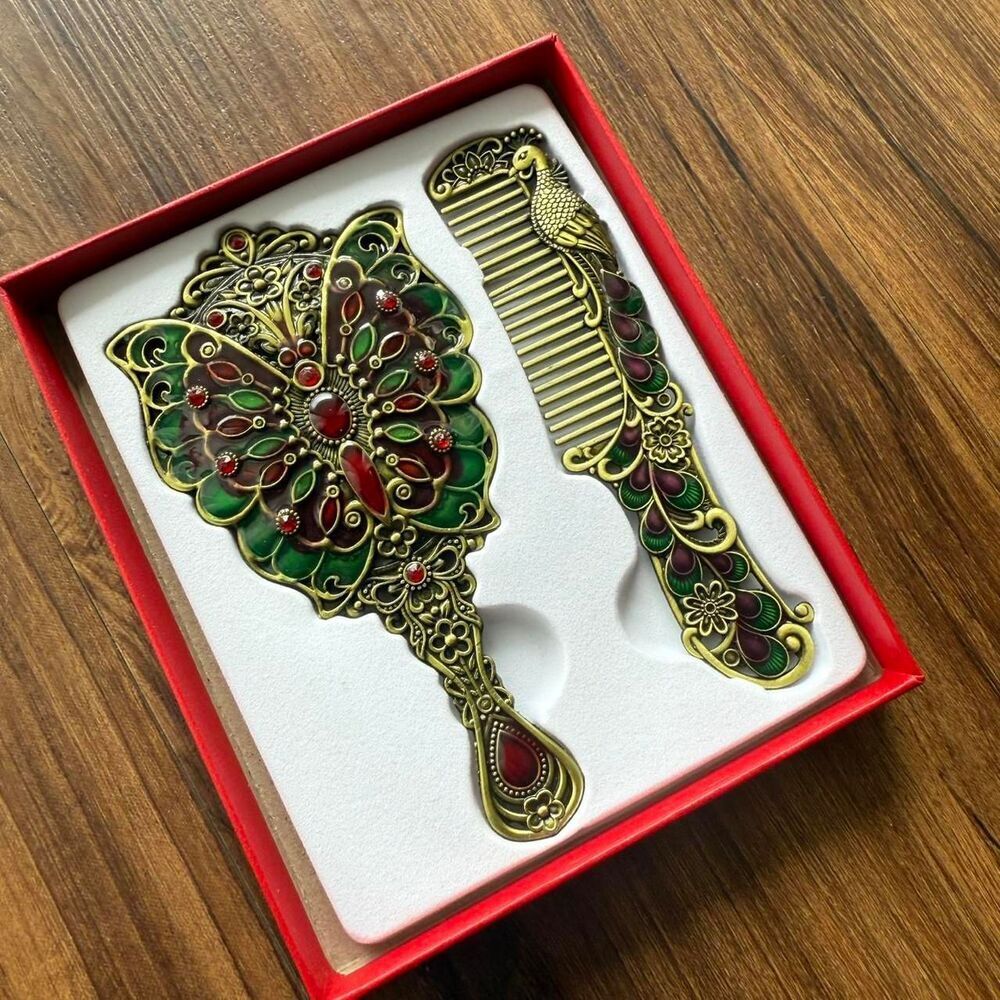 Vintage Peacock Comb & Butterfly Mirror Vanity Set | Deep Gold Green Purple